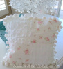 VINTAGE CHENILLE BABY PINK MINT ROSEBUDS WHITE POM POM PATCHWORK ROSES PILLOW